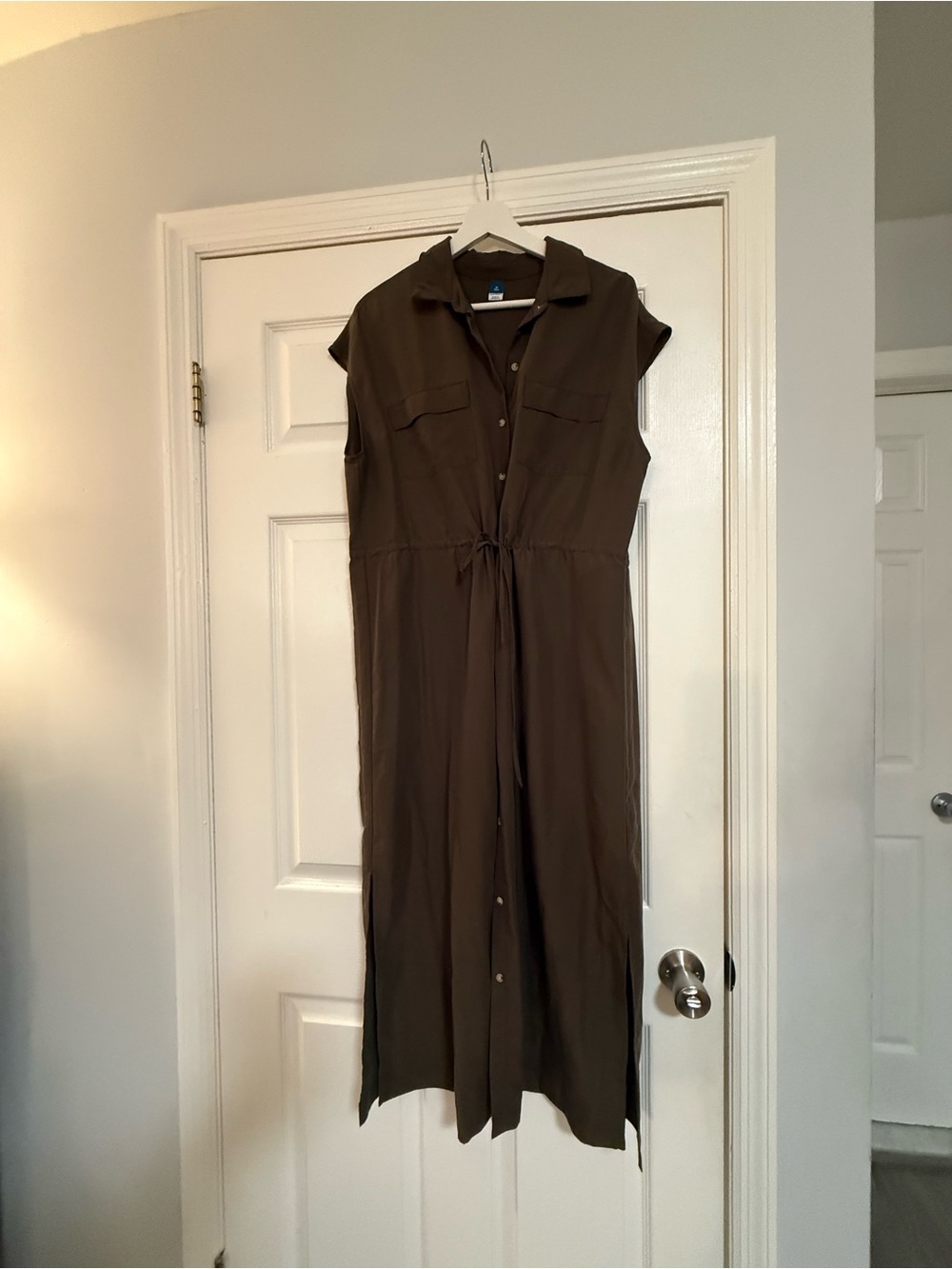 Old Navy Olive Green Button-Front Midi Shirt Dress